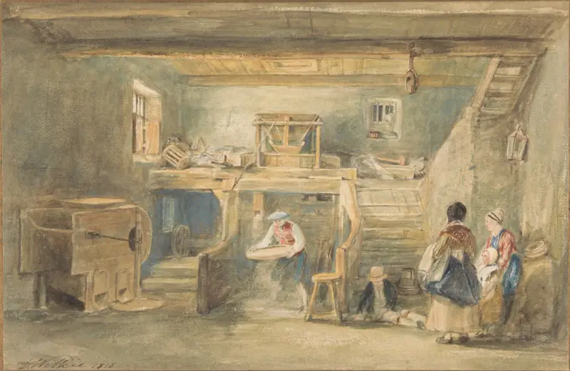 Das Innere der Mühle von Pitlessie mit einem Mann, der Korn siebt von Sir David Wilkie