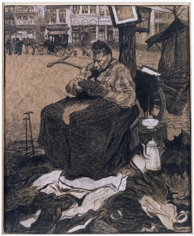 Andrahandsklädesförsäljare på Vrijdagmarkt i Gent av Jules De Bruycker