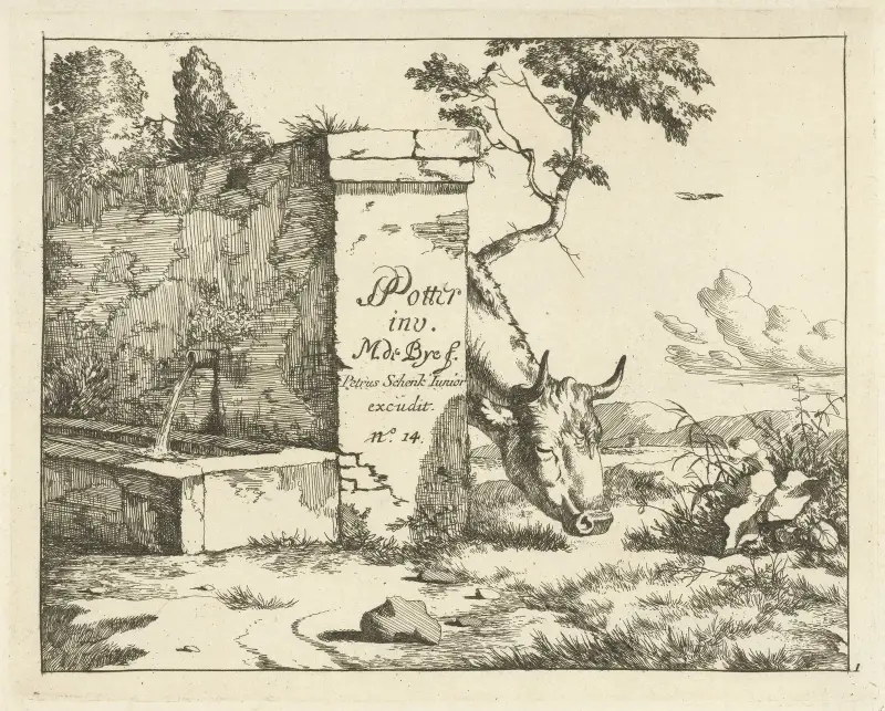 Weidendes Vieh hinter einer Mauer von Marcus de Bye