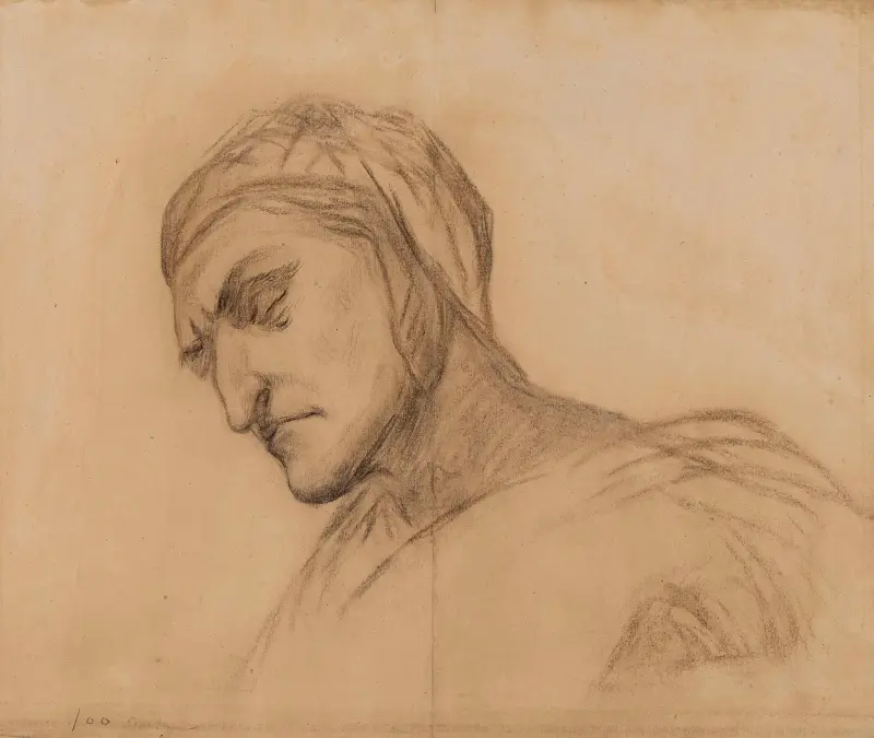 Dante, buste d’homme drapé, tête couverte de trois-quart à gauche av Pierre Puvis de Chavannes