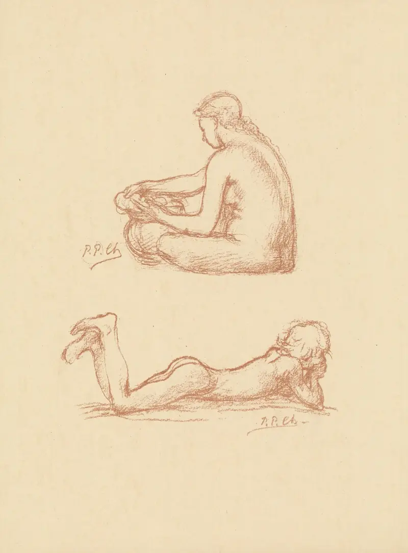 Två studier av kvinnor, naken sittande och naken liggande av Pierre Puvis de Chavannes