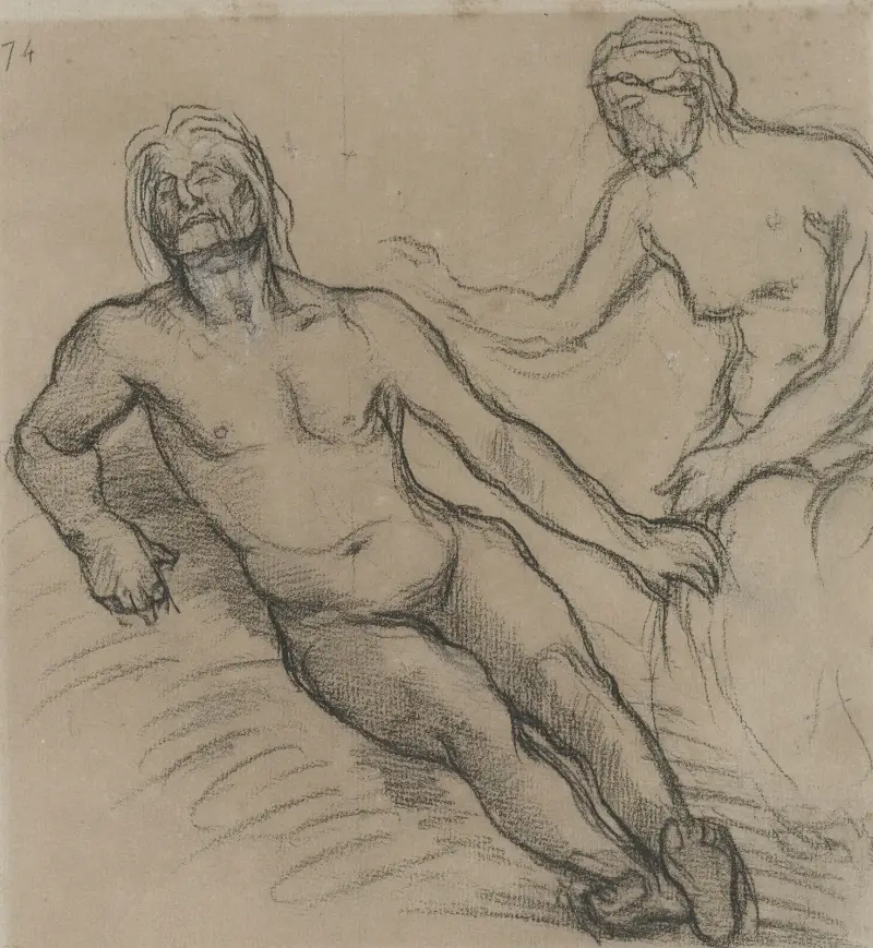 Liggande man på marken och sittande kvinna lutad över honom av Pierre Puvis de Chavannes