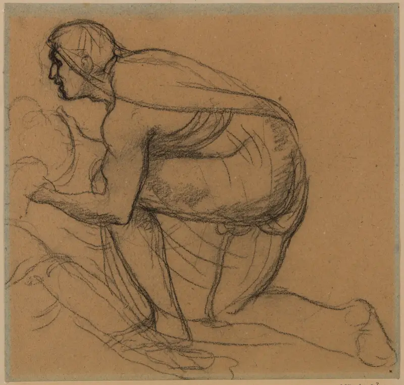 Draperad man i profil åt vänster, höger knä på marken av Pierre Puvis de Chavannes
