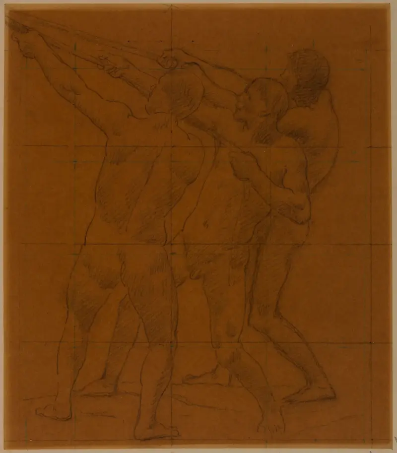 Tre nakna män stående, dragande i rep av Pierre Puvis de Chavannes