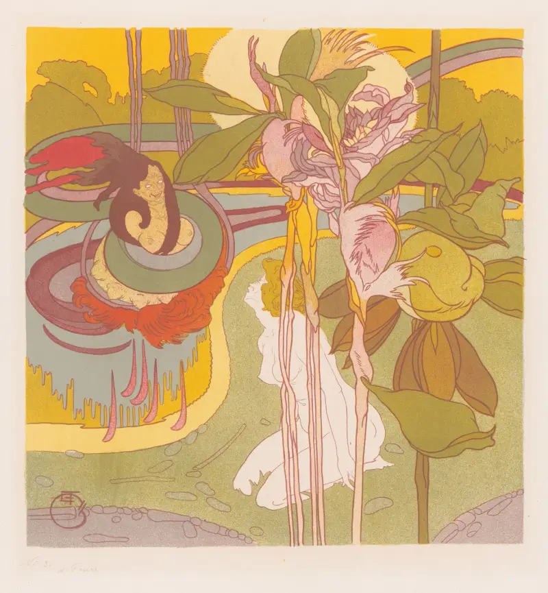 Vrouw krijgt visioen in een tuin av Georges de Feure