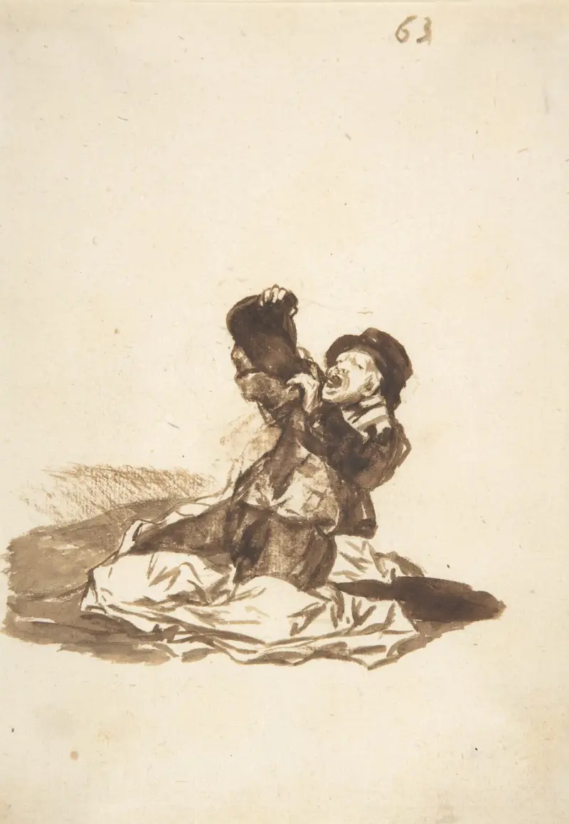A man on the ground drinking from a wine skin av Francisco de Goya