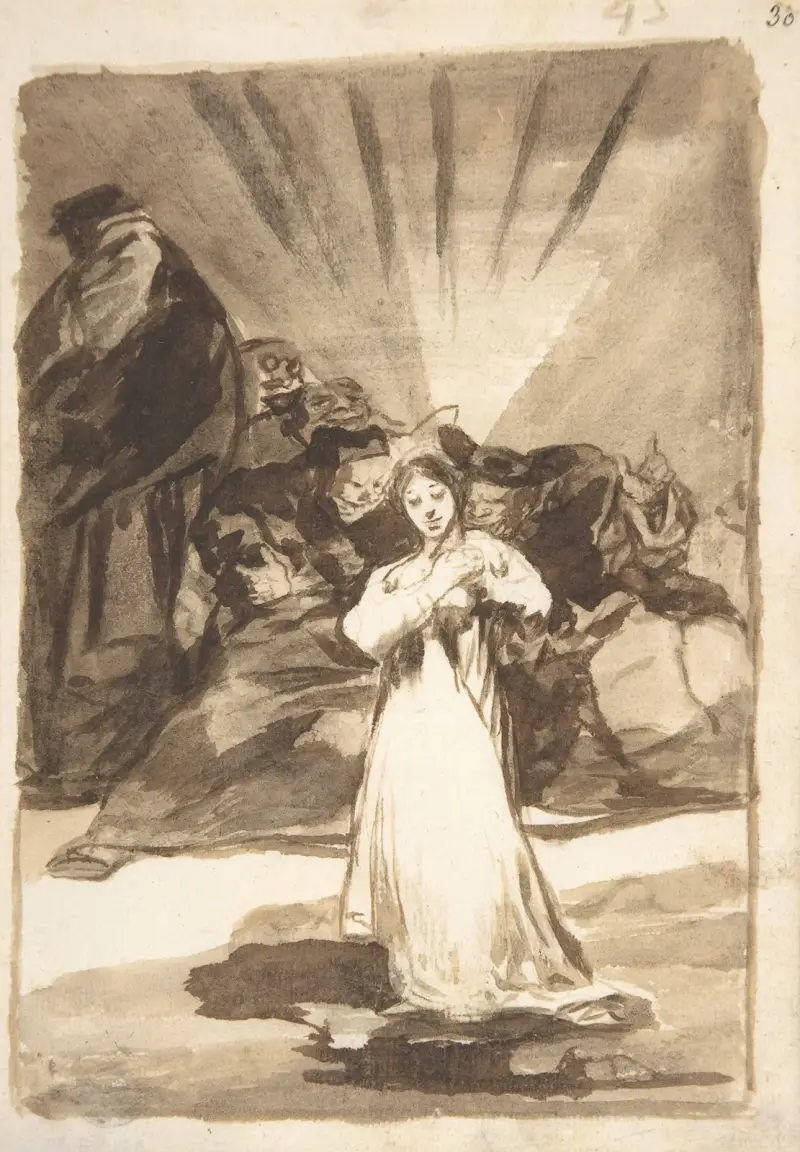 En strålande kvinnogestalt ansatt av mörka andar av Francisco de Goya
