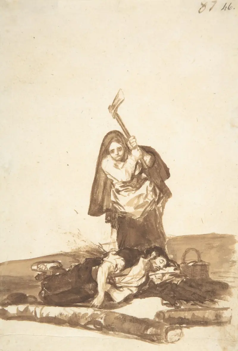 A woman about to attack a sleeping man with an axe av Francisco de Goya