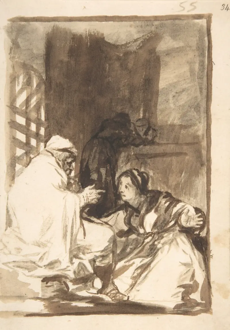 A woman kneeling, her arms wide, before an old man av Francisco de Goya