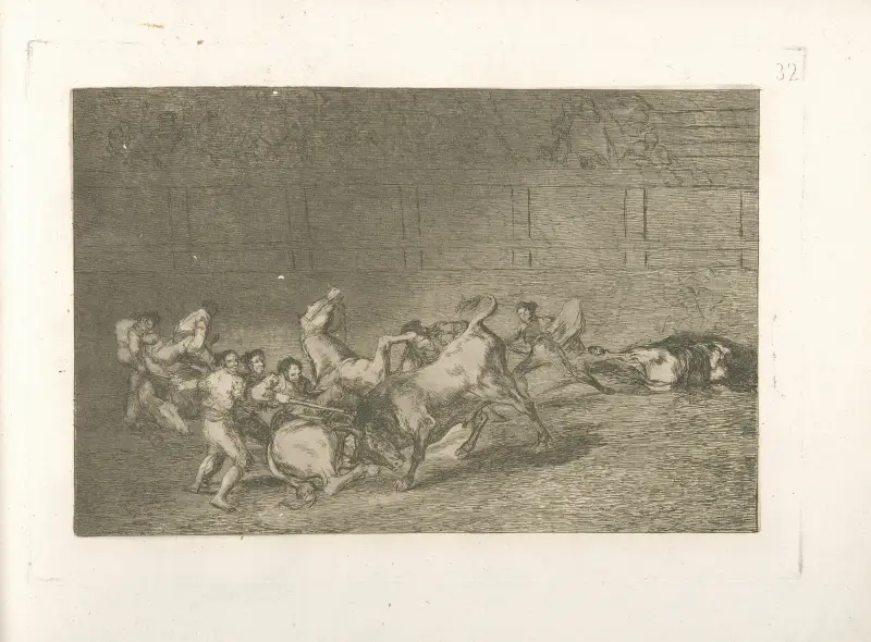 Dos grupos de picadores arrollados de seguida por un solo toro av Francisco de Goya