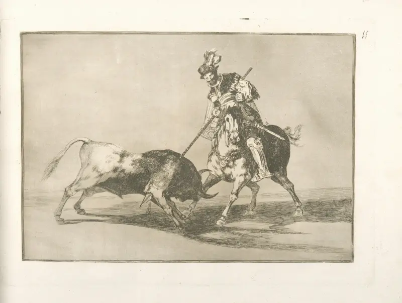 El célebre Fernando del Toro, barilarguero, obligando á la fiera con su garrocha av Francisco de Goya