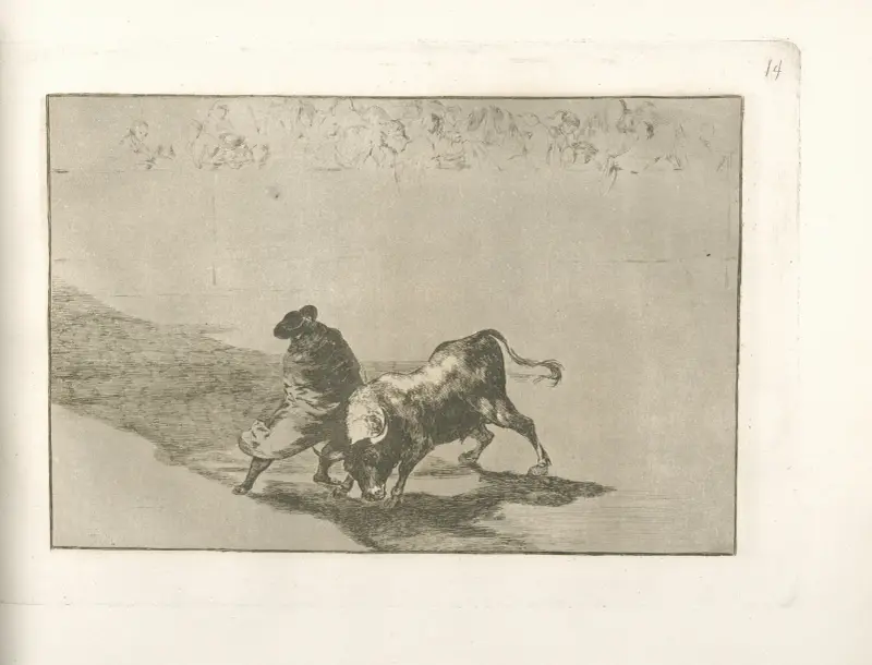 El diestrísimo estudiante de Falces, embozado burla al toro con sus quiebros av Francisco de Goya