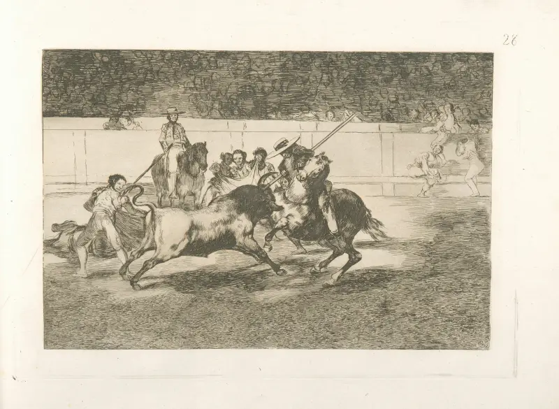 Den modige Rendón stångar en tjur, och av detta dog han på Madrids arena av Francisco de Goya