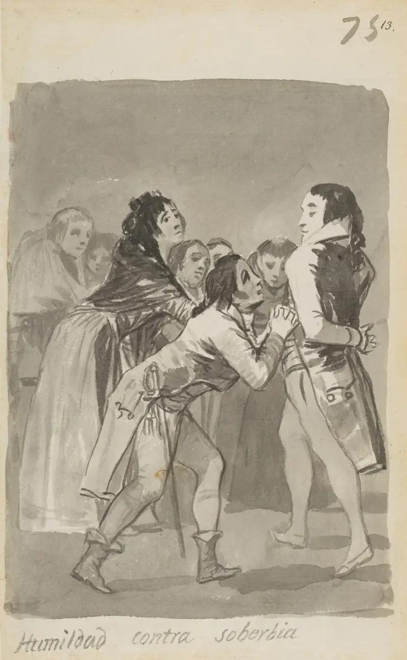 ‘Humility versus Pride’ a young man imploring an older man with other figures in front of them av Francisco de Goya