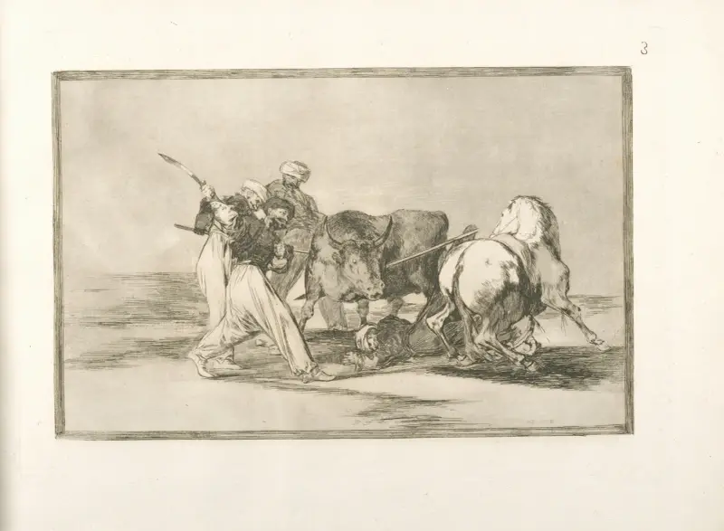 Morerna i Spanien, som övergav sina korantraditioner, antog denna jakt och konst och lanserar en tjur på fältet av Francisco de Goya