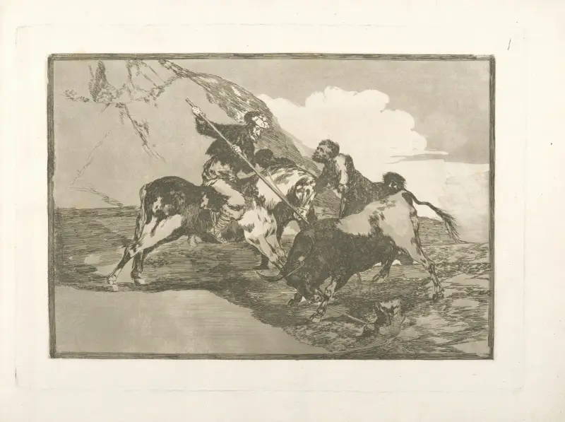Modo con que los antiguos españoles cazaban los toros á caballo en el campo av Francisco de Goya