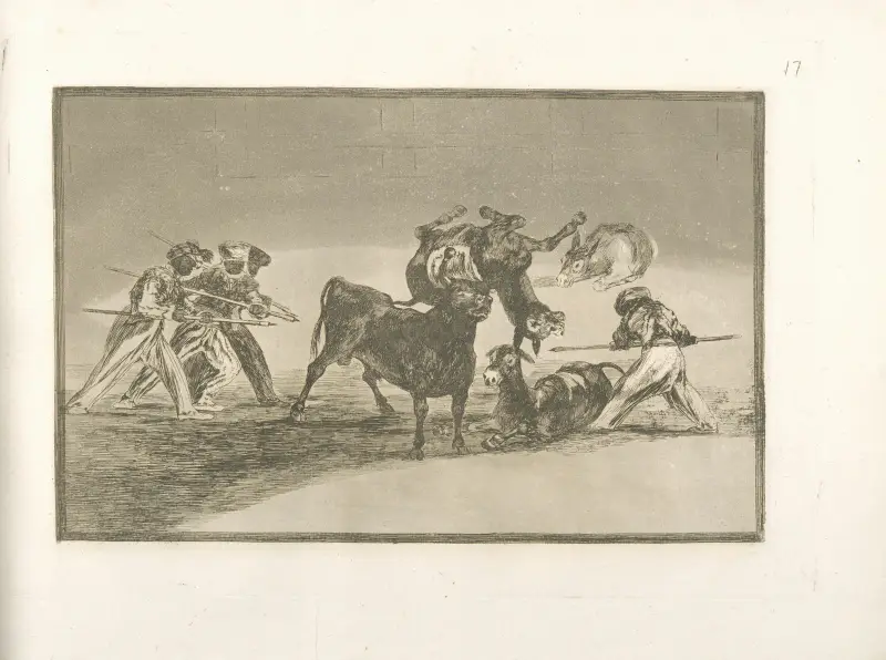 Palenque de los moros hecho con burros para defenderse del toro embolado av Francisco de Goya