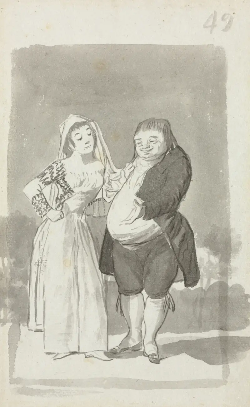 Prostitute Soliciting a Fat, Ugly Man (recto) av Francisco de Goya