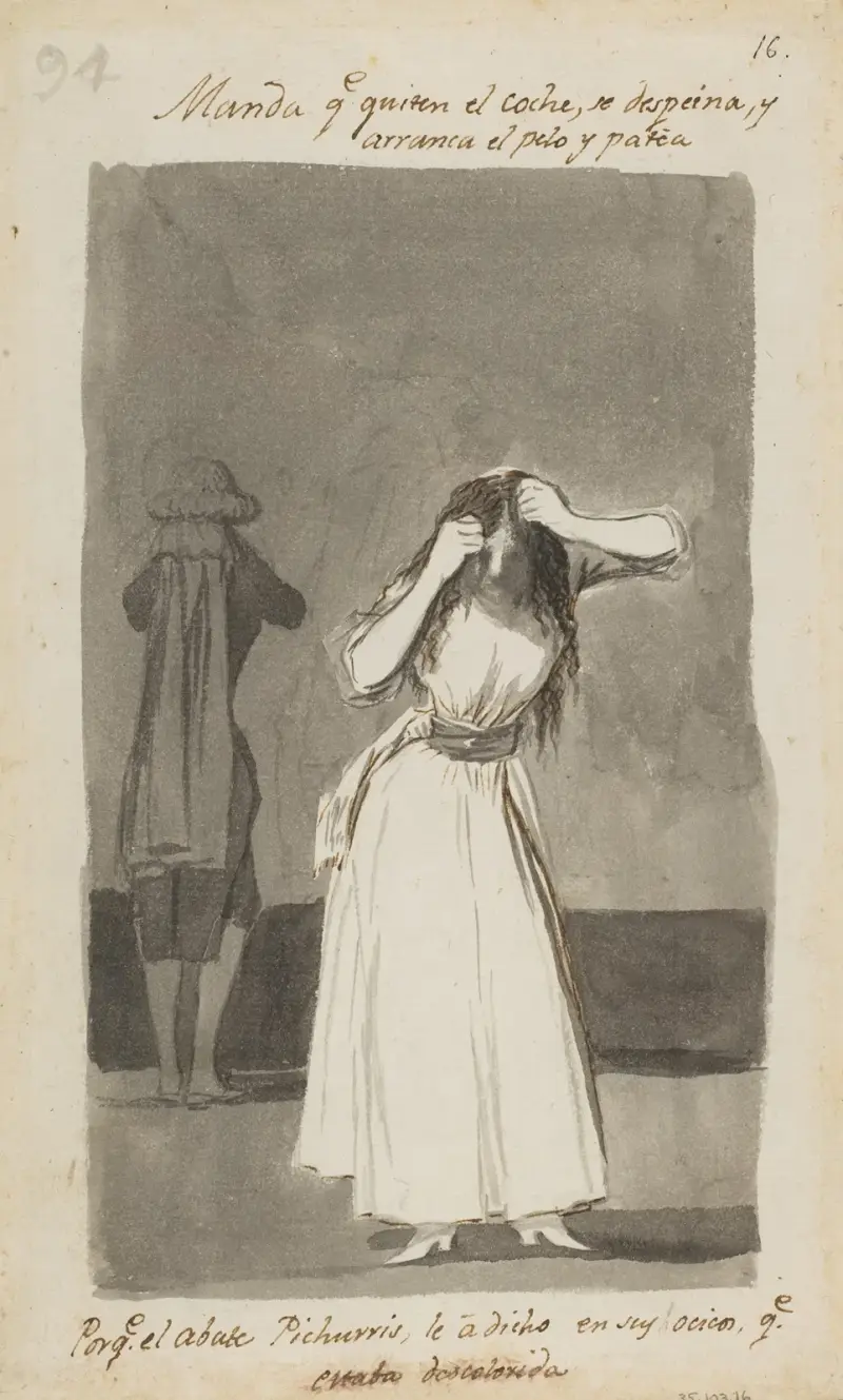 Woman throwing a tantrum and pulling her hair av Francisco de Goya