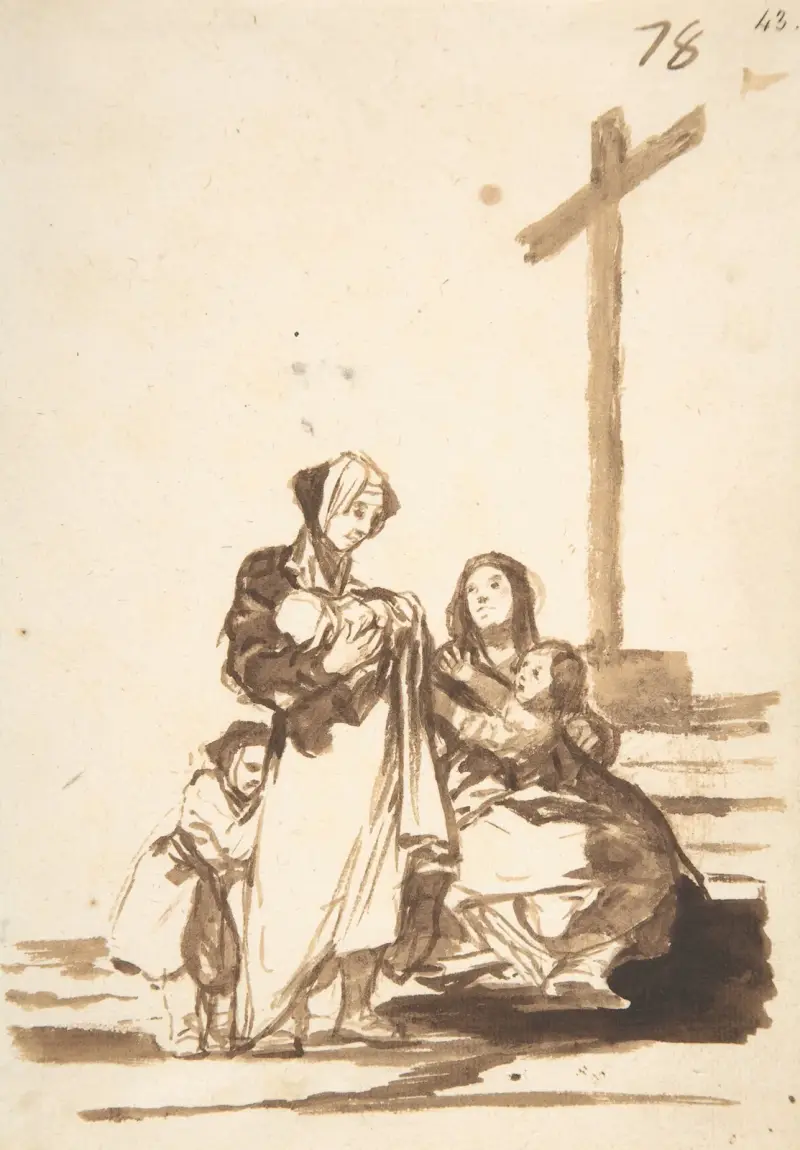 Women and children near a cross av Francisco de Goya