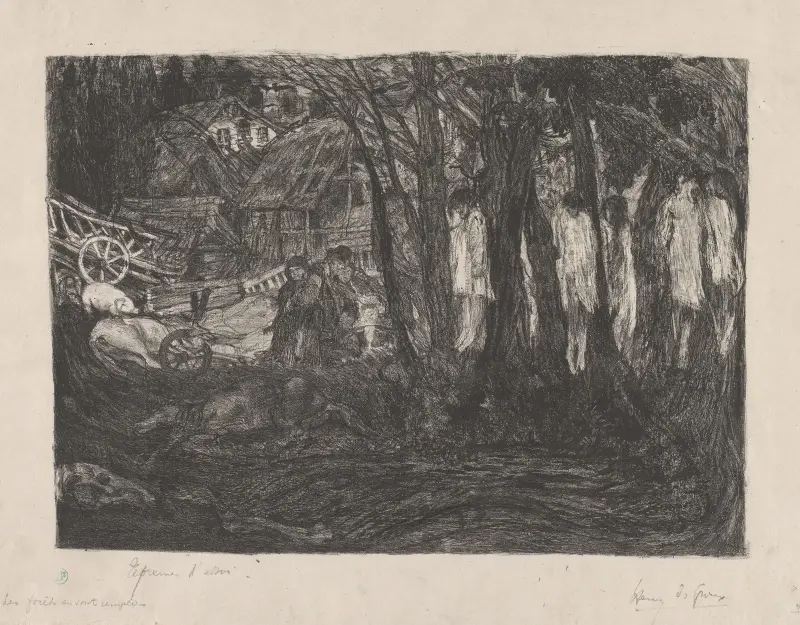 Boslandschap met lichamen opgehangen aan bomen av Henry de Groux