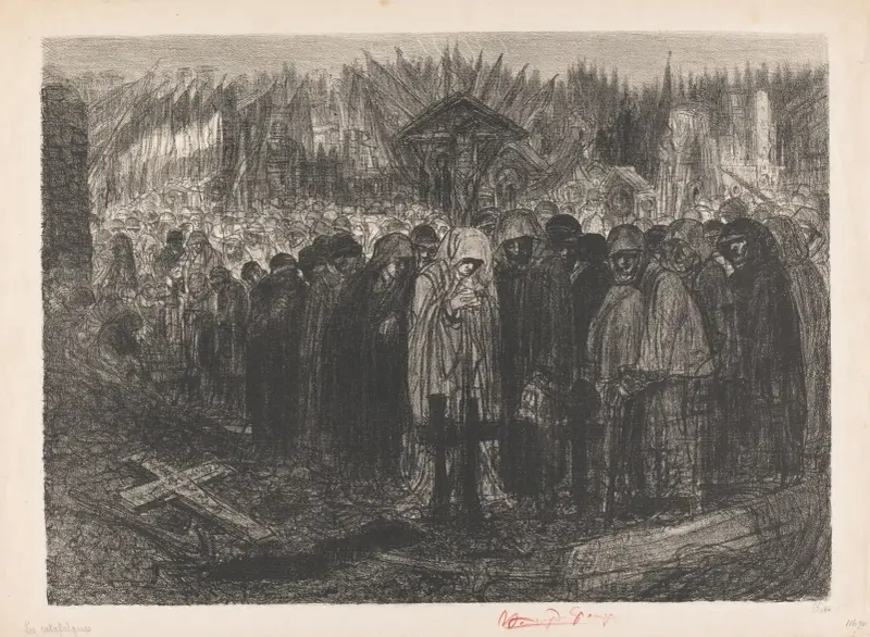 Stor folksamling med kåpor på en kyrkogård av Henry de Groux