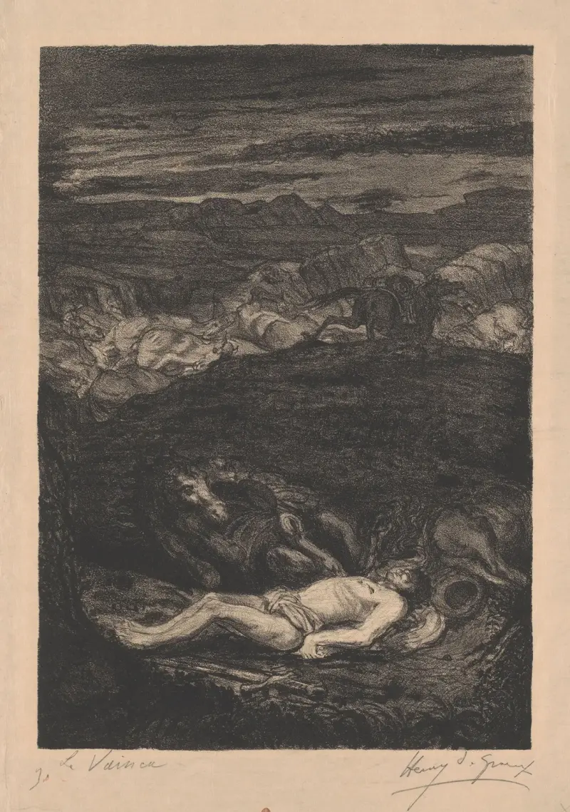 Lichaam van een man in een landschap met paarden av Henry de Groux