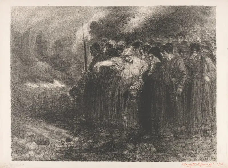 Menigte aan de rand van een verwoeste stad av Henry de Groux