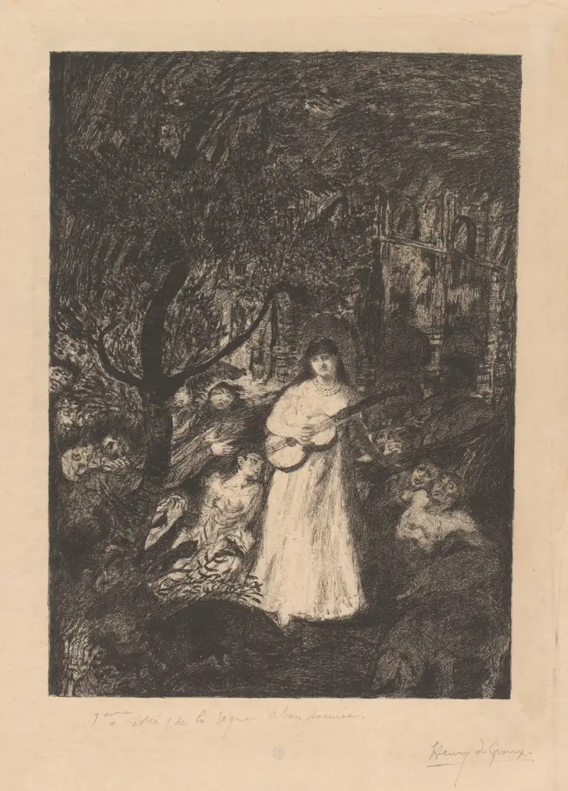 Vrouw met gitaar in een bos met figuren av Henry de Groux