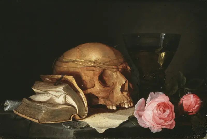 A Vanitas Still-Life with a Skull, a Book and Roses av Jan Davidsz de Heem