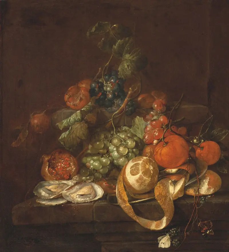 Nature morte aux citrons, huitres, raisins et papillons sur un entablement av Cornelis de Heem