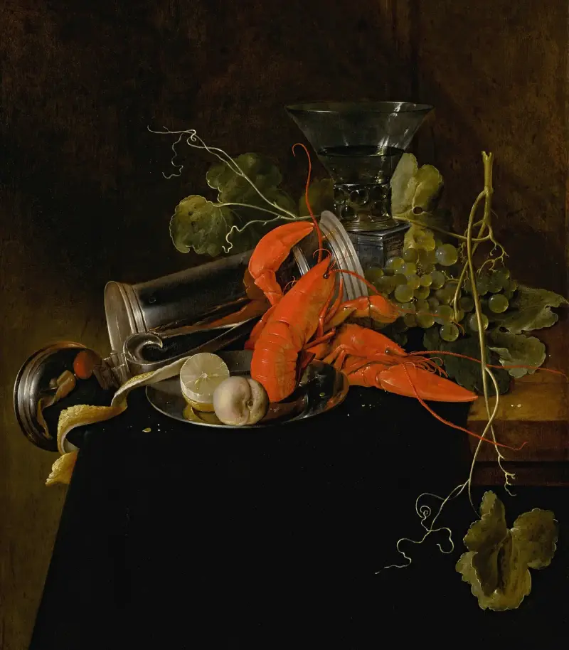 Still life with two lobsters, an overturned tankard, a berkemeier glass, grapes, and a lemon av Jan Davidsz de Heem