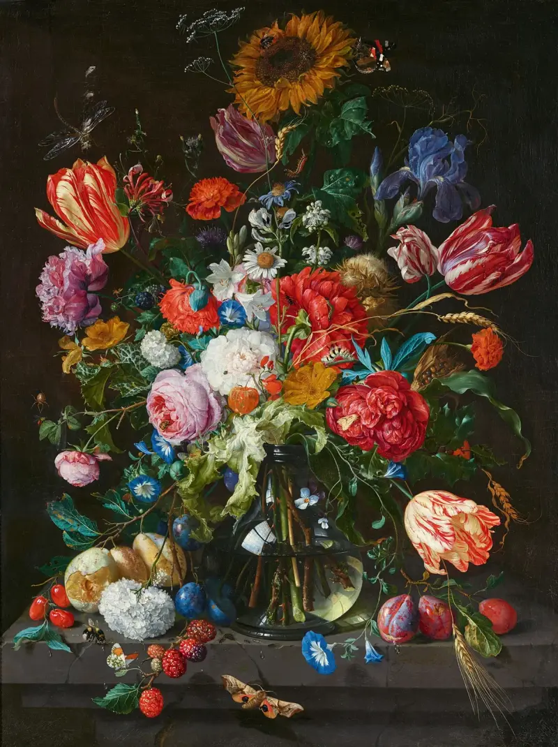 Stillleben mit Blumen und Früchten auf einer Steinkonsole av Jan Davidsz de Heem