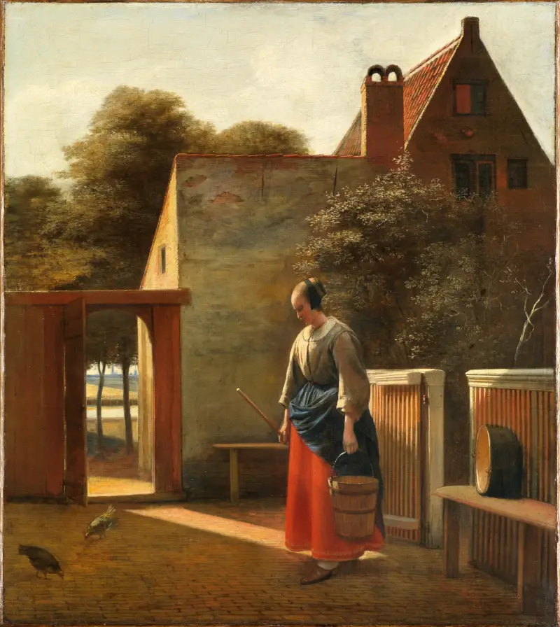 A maid with a bucket in a backyard av Pieter De Hooch