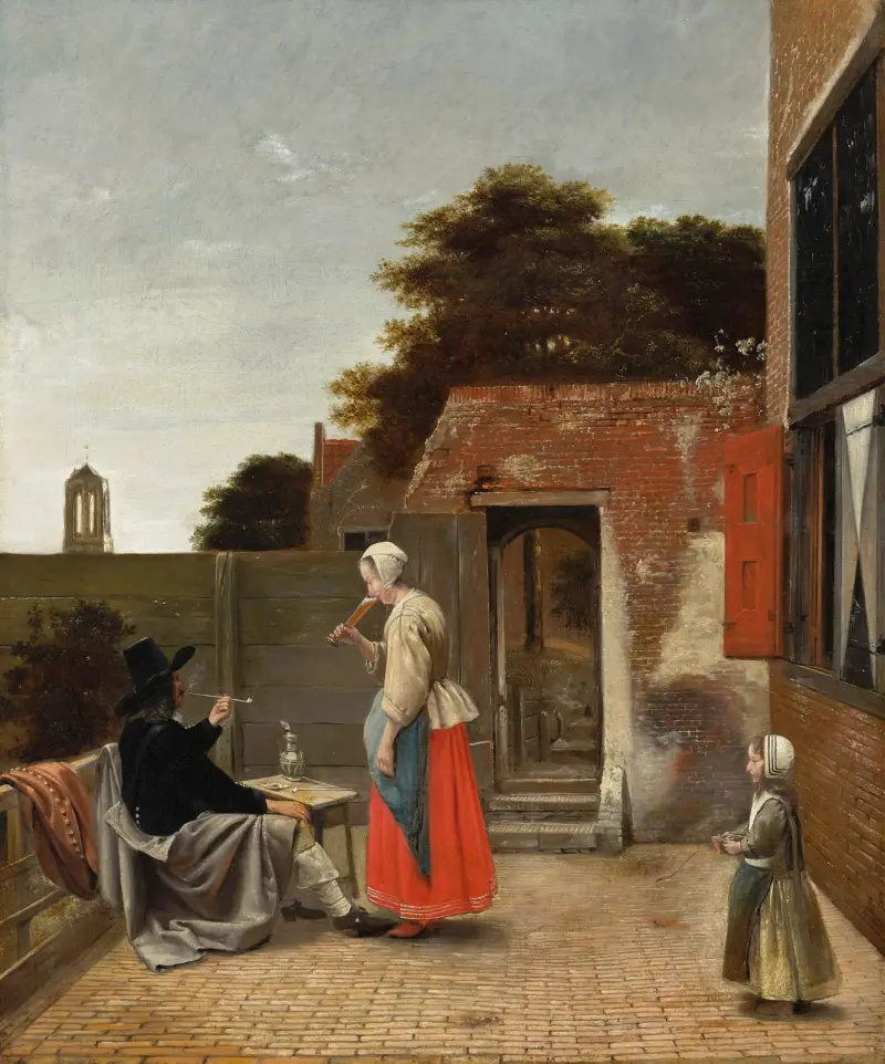 A Man Smoking and a Woman Drinking in a Courtyard av Pieter De Hooch
