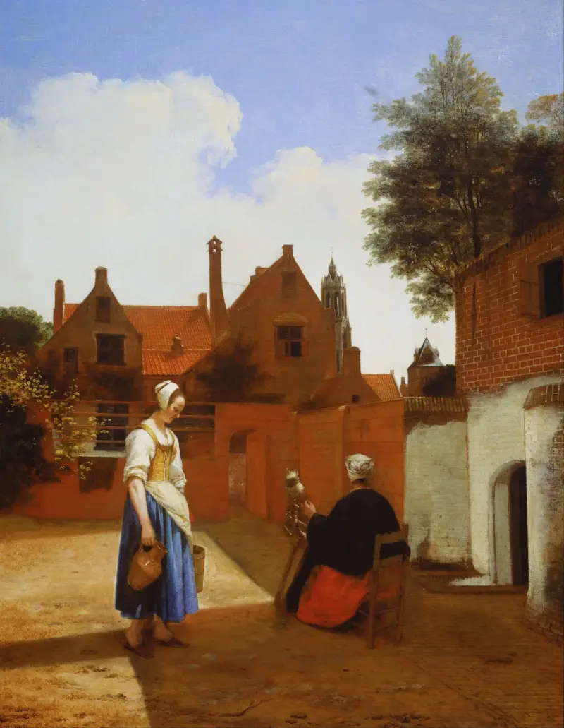 Courtyard in Delft at Evening- a Woman Spinning av Pieter De Hooch