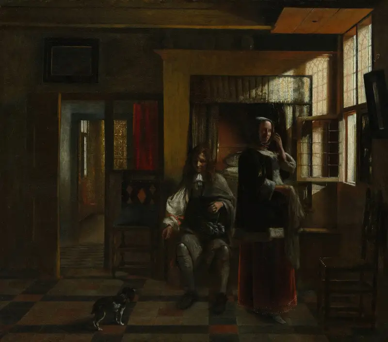 Interieur mit jungem Paar von Pieter De Hooch