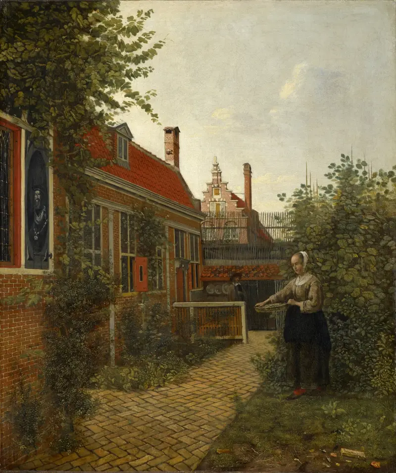 Kvinna med en korg bönor i en köksträdgård av Pieter De Hooch