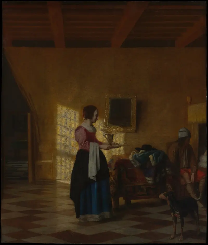 Kvinna med vattenkanna, och en man vid en säng av Pieter De Hooch