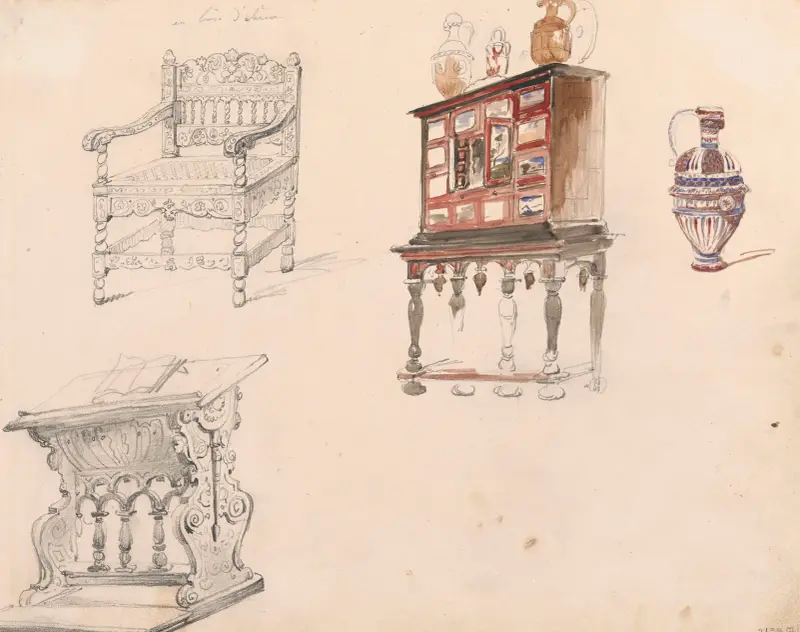 Stuhl, Betschemel, Schrank und Kanne von Nicaise De Keyser