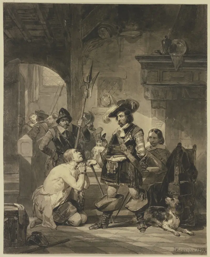 En vaktstuga, på knä en kedjelagd som bönfaller en befälhavare av Nicaise De Keyser