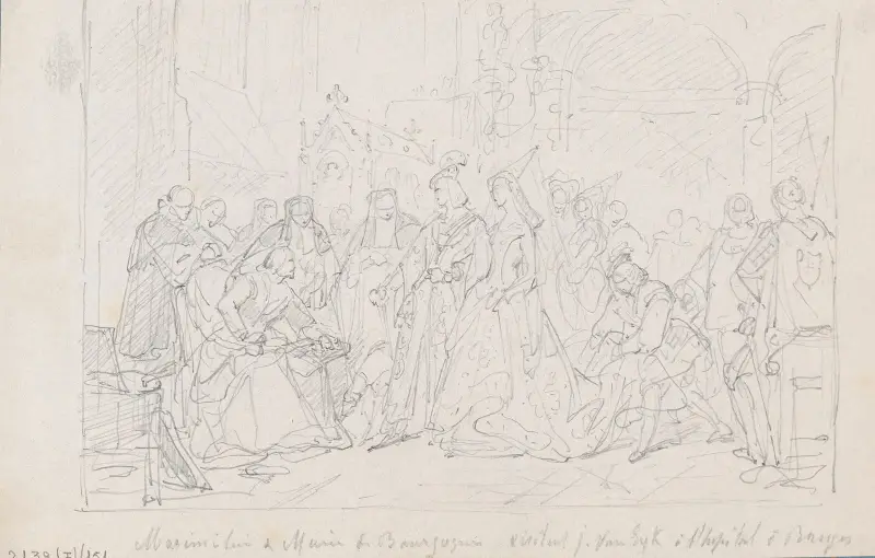 Maxmilián I., římský císař, a Marie Burgundská navštěvují malíře Hanse Memlinga v nemocnici v Bruggách – č. 2, Nicaise De Keyser