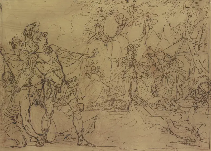 Ein junger Krieger ist im Begriff, ein Lager anzugreifen, Minerva verwehrt es ihm, sie ist umgeben von Wappen tragenden Nymphen und Amoretten av Gerard de Lairesse
