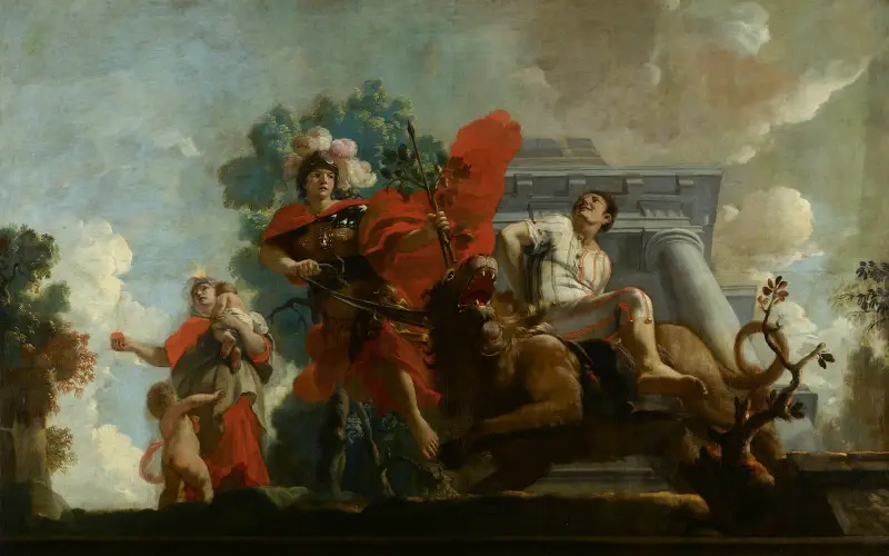 Fortitudo breidelt de zotheid ; Allegorische voorstelling van de verzorging van leprozen en onnozelen av Gerard de Lairesse