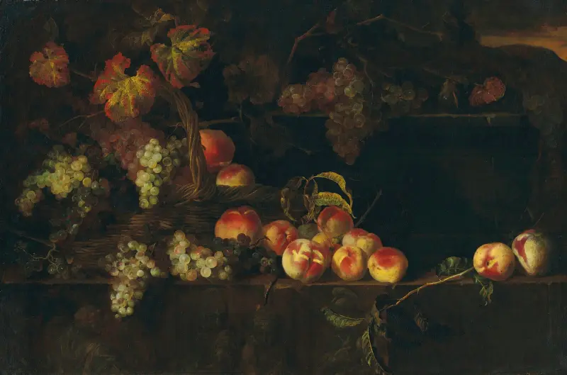 Druvor och persikor i en flätad korg med annan frukt på en avsats, landskap bortom av Nicolas de Largillière