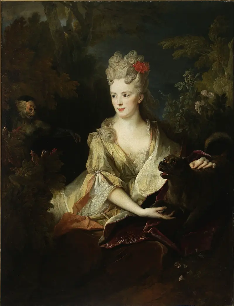 Porträtt av en dam med hund och apa av Nicolas de Largillière