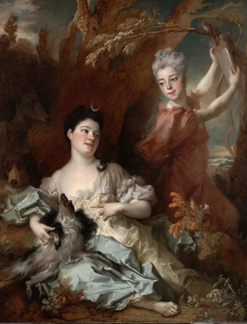 Portrait of the Comtesse de Montsoreau and Her Sister as Diana and an Attendant av Nicolas de Largillière