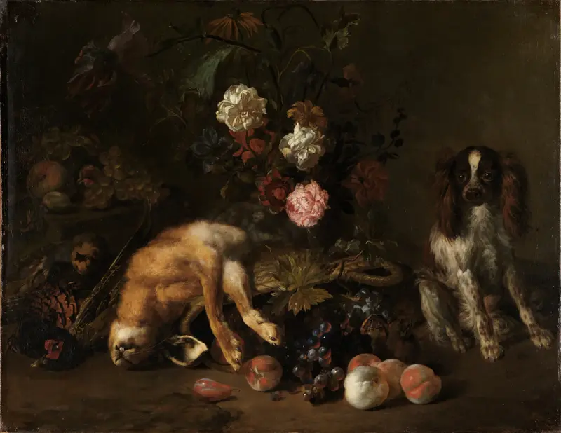 Stillleben mit erlegtem Wild, Blumen, Früchten und einem Spaniel von Nicolas de Largillière