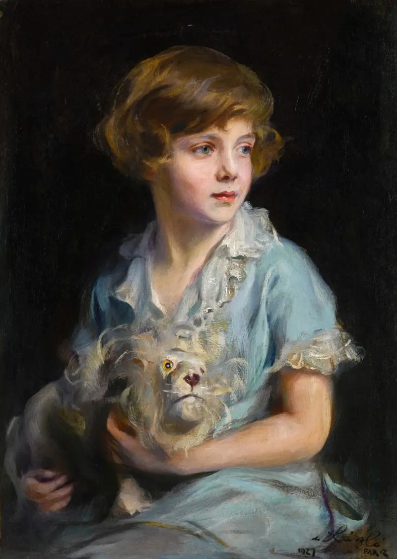 Porträt eines Kindes mit einem Steiff-Löwen von Philip Alexius de László