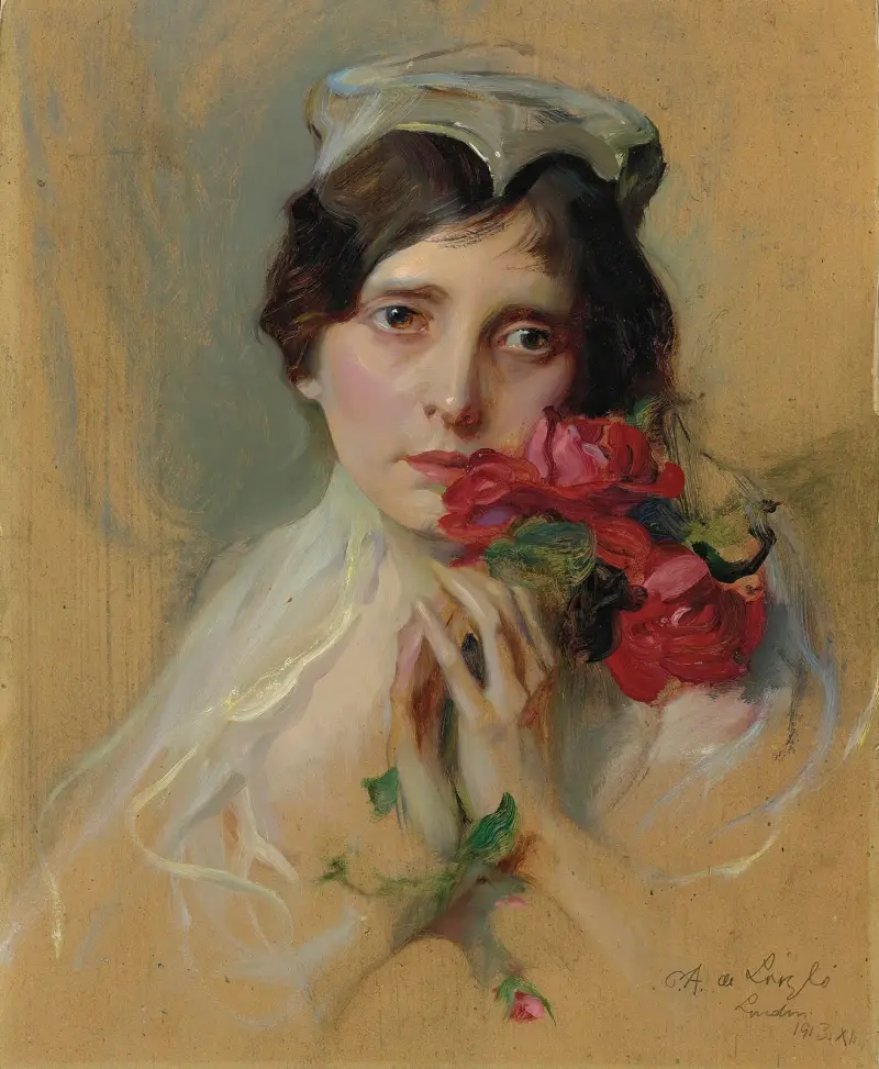 Portrait of a lady wearing a peaked headdress av Philip Alexius de László